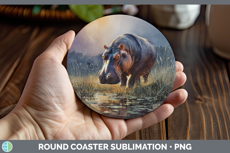 Hippo Safari Sunset Round Coaster Sublimation Design
