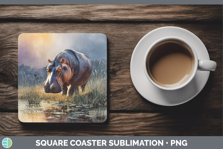 Hippo Safari Sunset Square Coaster Sublimation Design