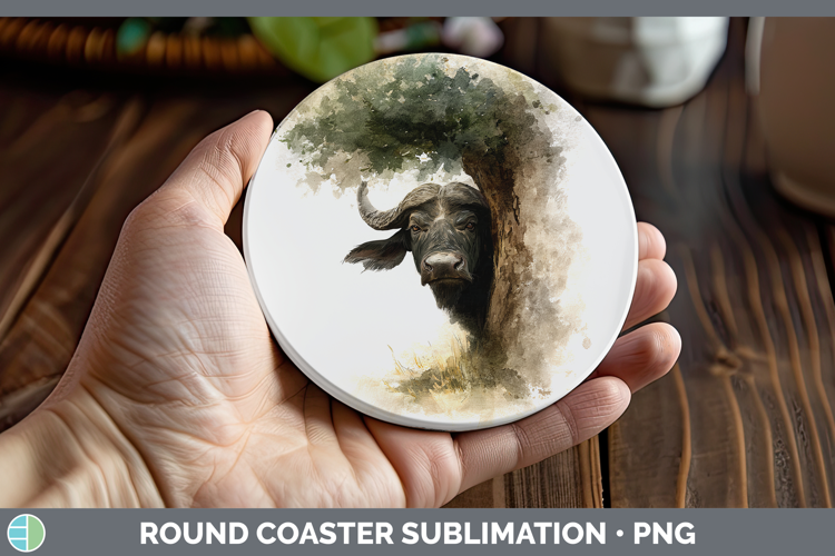 Buffalo Safari Tree Peek Round Coaster Sublimation Design