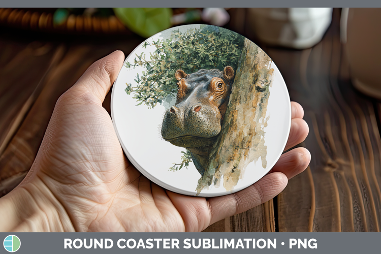 Hippo Safari Tree Peek Round Coaster Sublimation Design