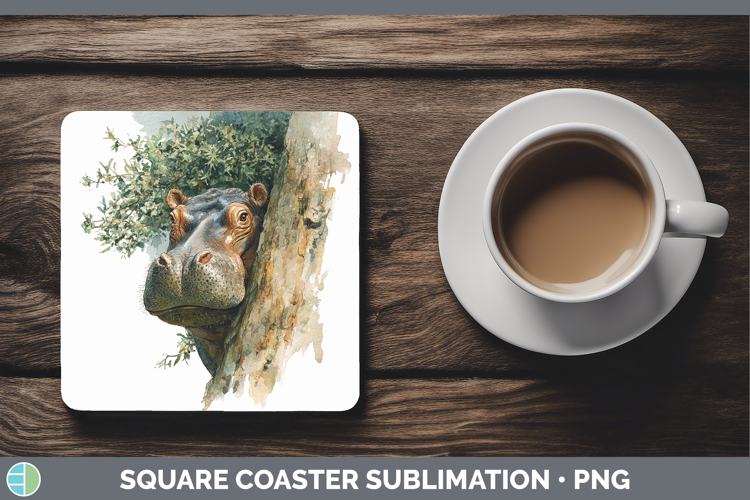 Hippo Safari Tree Peek Square Coaster Sublimation Design