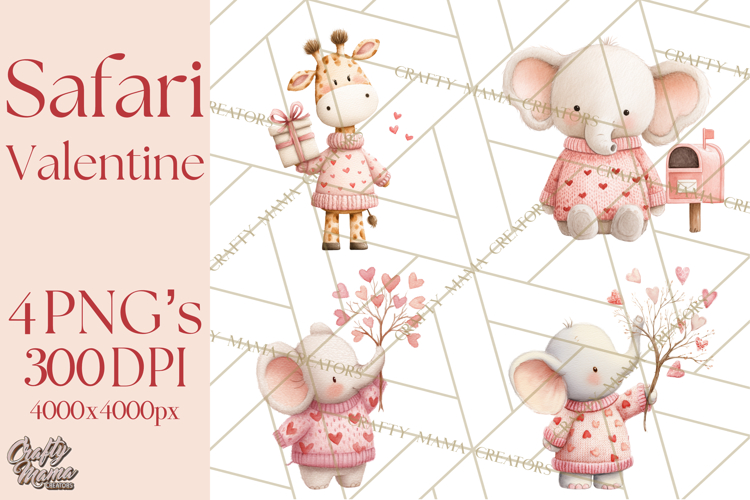 Valentine Safari Animal Clipart PNG, Watercolor Elephant Png