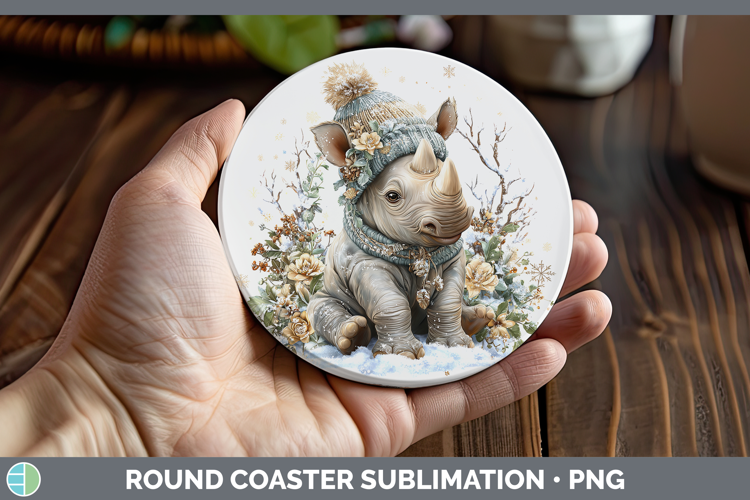 Rhino Safari Winter Knit Hat Round Coaster Sublimation Desig
