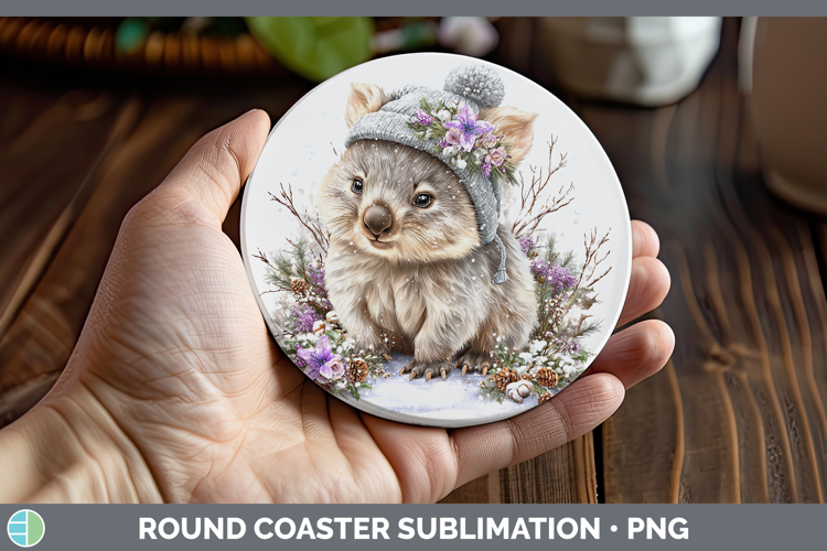 Wombat Safari Winter Knit Hat Round Coaster Sublimation Desi
