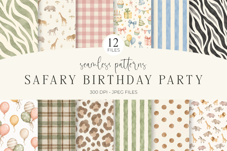 Safari Birthday Seamless Patterns - 12 JPG Files