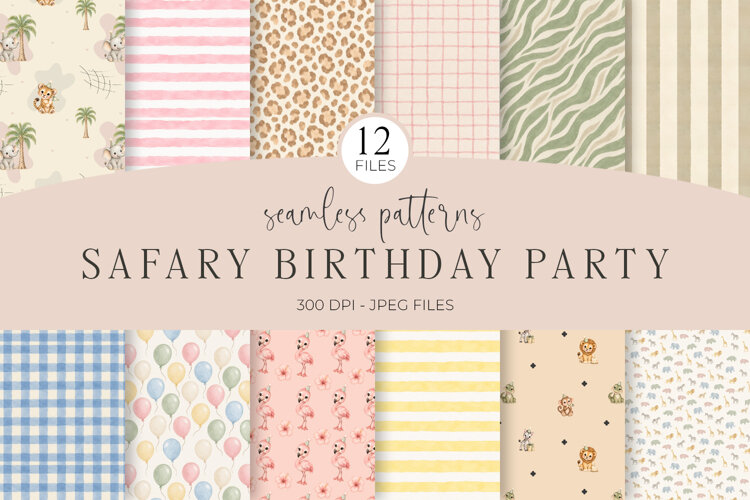 Watercolor safari animal seamless patterns bundle with 12 digital paper designs for nursery and baby shower projects