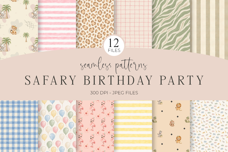Watercolor Safari Animal Party Patterns - 12 Seamless JPGs