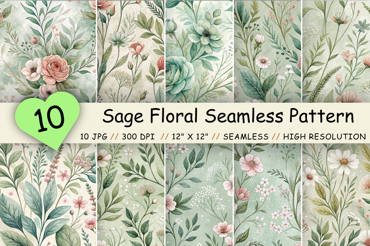 Sage Floral Seamless Pattern, Cottagecore Vintage Craft