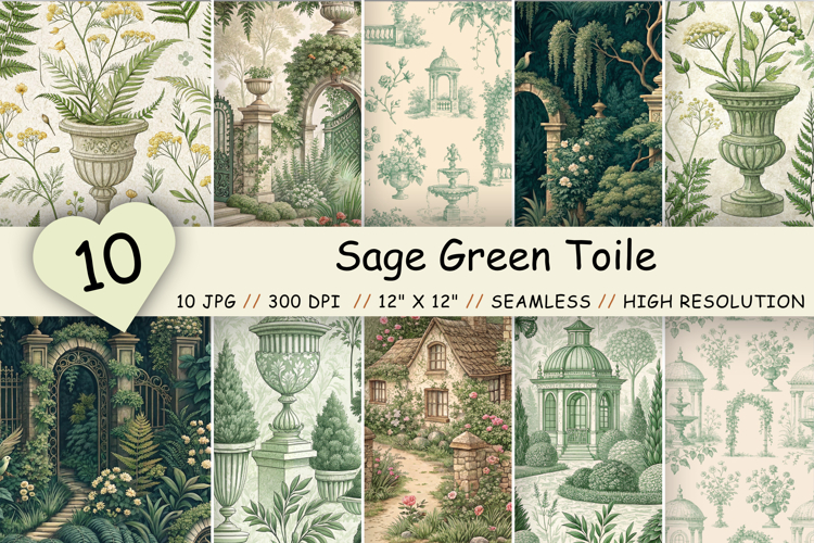 Sage Green Toile Digital Paper Pack, Seamless Floral Pattern