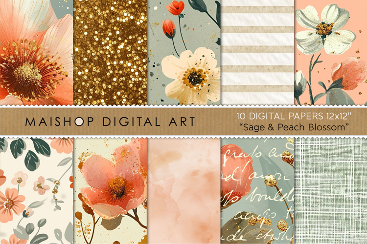 Sage & Peach Blossom Watercolor Floral Backgrounds
