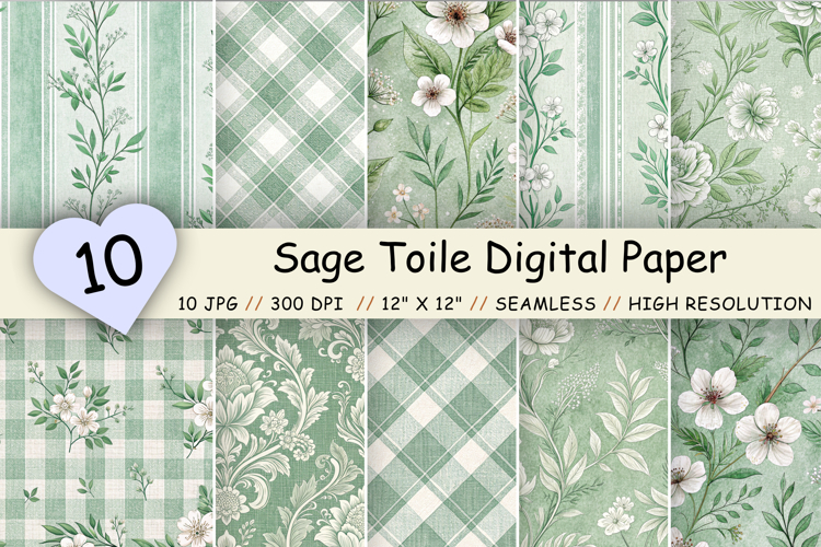 Sage Toile Digital Paper Pack, Vintage Floral Toile, Gingham