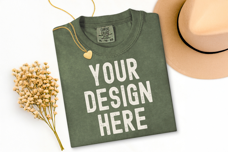 Comfort Colors C1717 Sage Shirt Mockup, Flat Lay Mockup