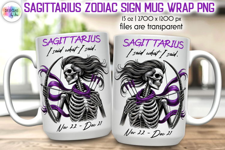 Snarky Skeleton Zodiac Sign Mug Wrap, Sagittarius Zodiac Mug