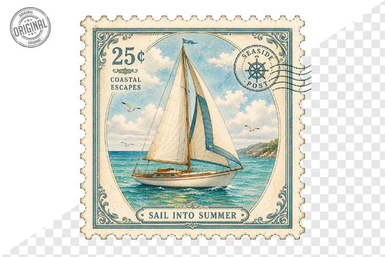Sail Into Summer Coastal Sailboat Stamp PNG Artwork