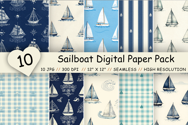 Sailboat Digital Paper Pack, Coastal Sailing Seamless