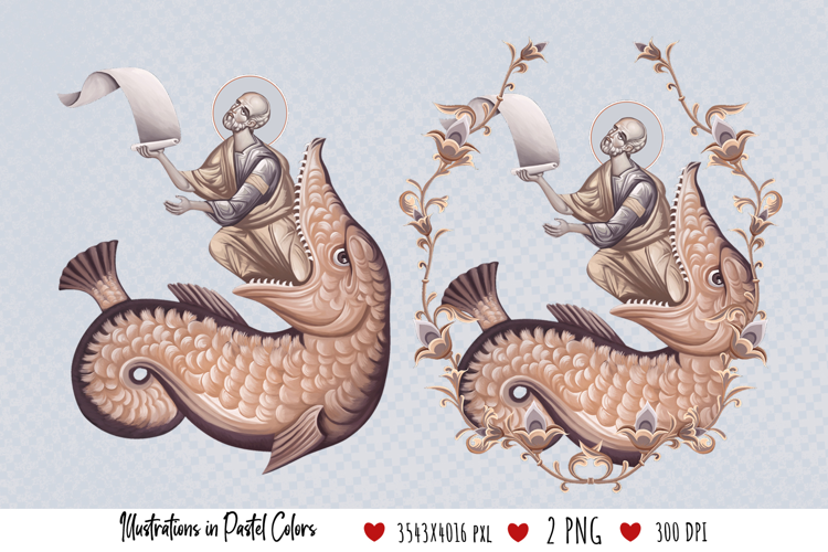 Saint Jonah and the Whale. Illustration in Byzantine Style