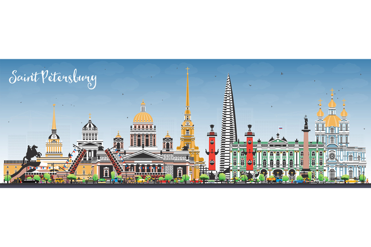 Saint Petersburg Russia city skyline with color buildings