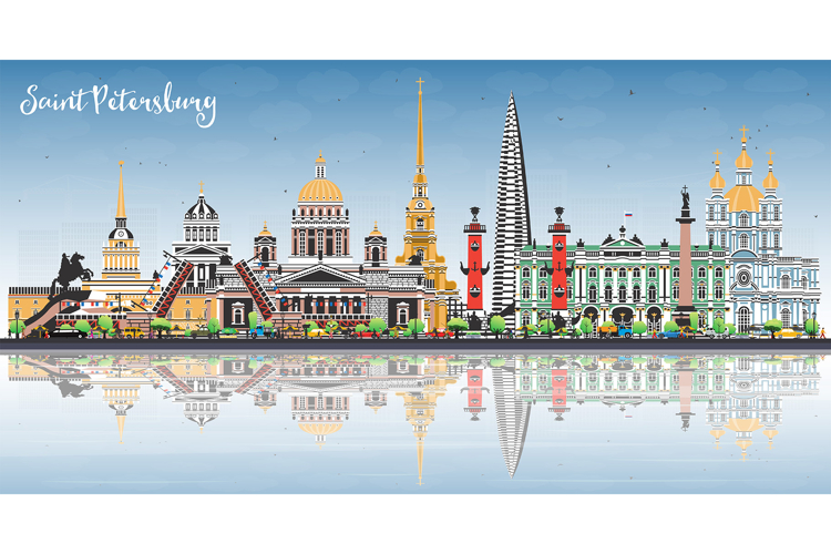 Saint Petersburg Russia city skyline with color buildings