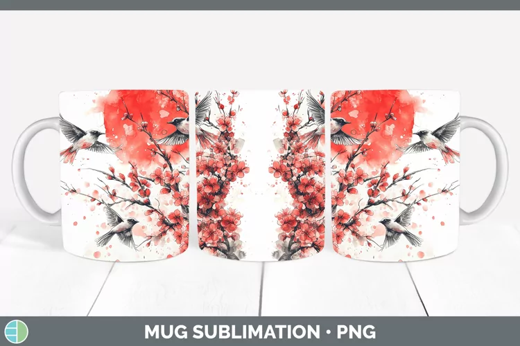 Sakura Birds Mug Wrap Sublimation Coffee Cup Designs