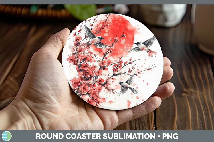 Sakura Birds Round Coaster Sublimation Coaster Designs