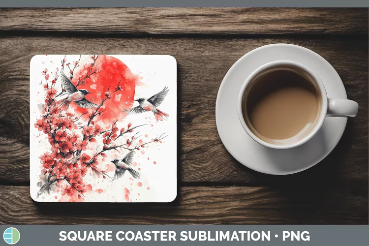 Sakura Birds Square Coaster Sublimation Coaster Designs
