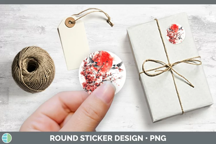 Sakura Birds Stickers | Round Labels Designs