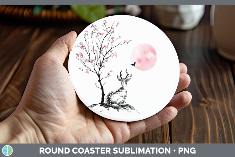 Sakura Deer Round Coaster Sublimation Coaster Designs