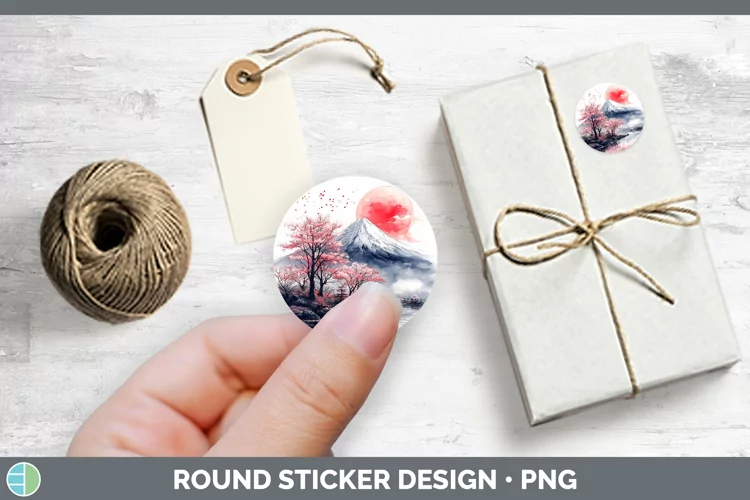 Sakura Mountain Stickers | Round Labels Designs