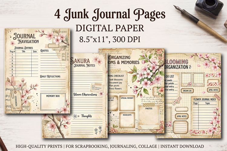 Sakura spring junk journal pages, scrapbook digital papers