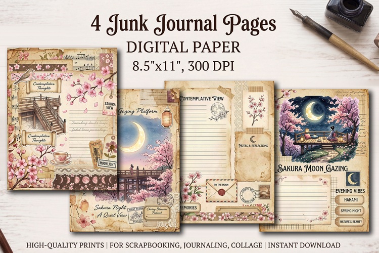 Sakura spring junk journal pages, scrapbook digital papers