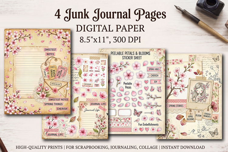 Sakura spring junk journal pages, scrapbook digital papers