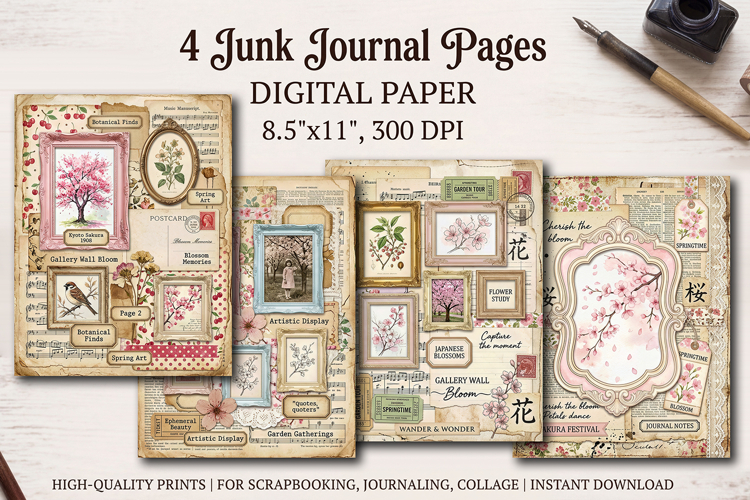 Sakura spring junk journal pages, scrapbook digital papers