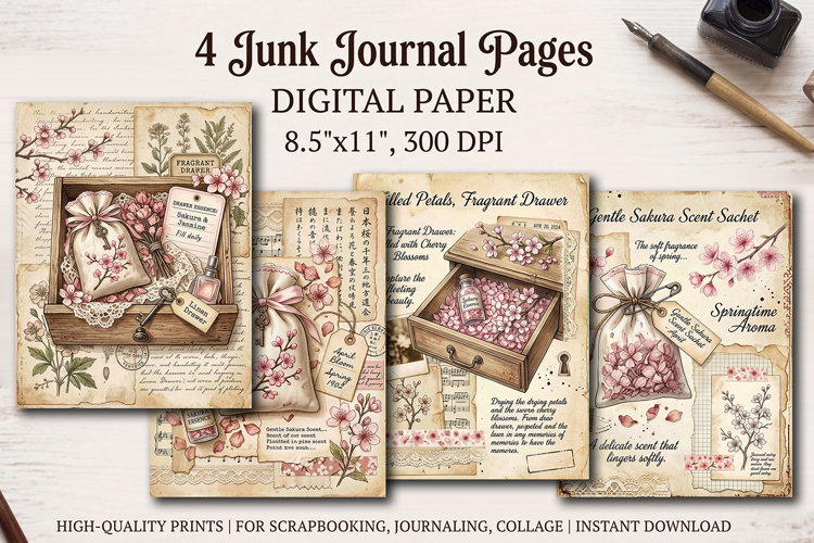 Sakura spring junk journal pages, scrapbook digital papers