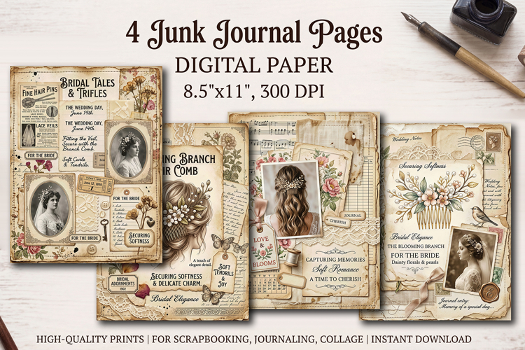 Sakura spring junk journal pages, scrapbook digital papers