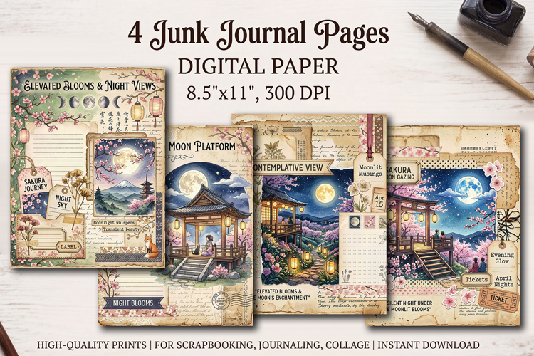 Sakura spring junk journal pages, scrapbook digital papers