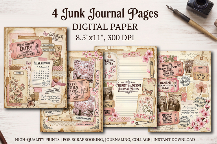Sakura spring junk journal pages, scrapbook digital papers