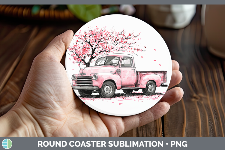 Sakura Vintage Truck Round Coaster Sublimation Coaster Desig