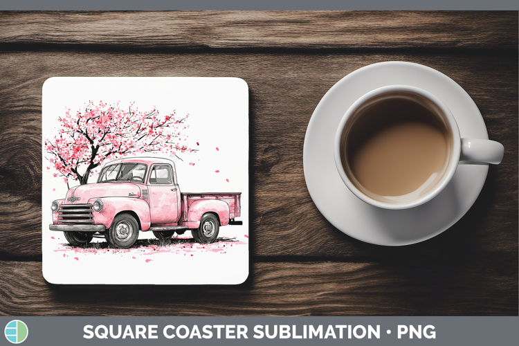 Sakura Vintage Truck Square Coaster Sublimation Coaster Desi
