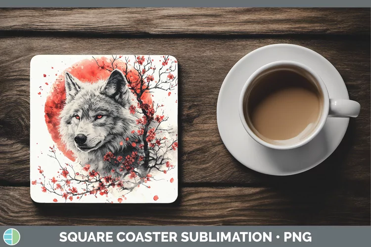 Sakura Wolf Square Coaster Sublimation Coaster Designs