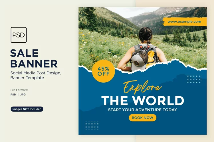 Explore the world travel and adventure sale banner design
