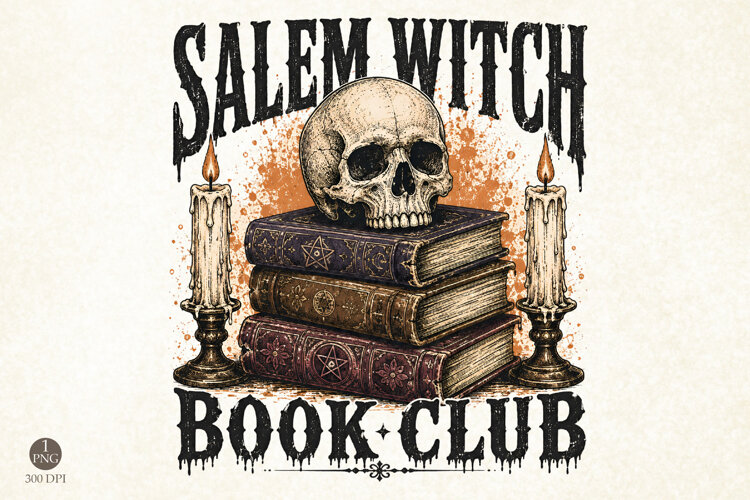 Salem Witch Book Club PNG,Halloween Skeleton Skull Shirt example image 1
