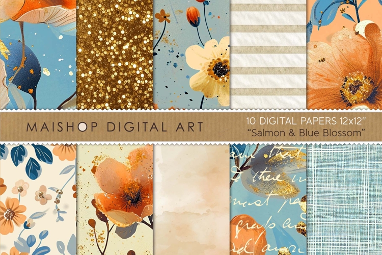 Salmon   Blue Blossom Watercolor Floral Backgrounds