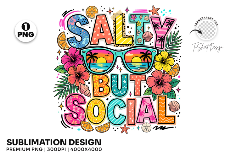 salty but social, summer beach png, funny coastal design, beach sublimation, salty beach quote, summer shirt png, beach lover gift, vacation shirt design, coastal quote png, seaside apparel png