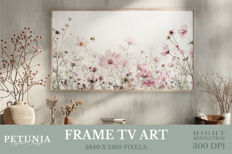 Spring wildflowers field in muted tonal colors being used as a samsung frame tv art display