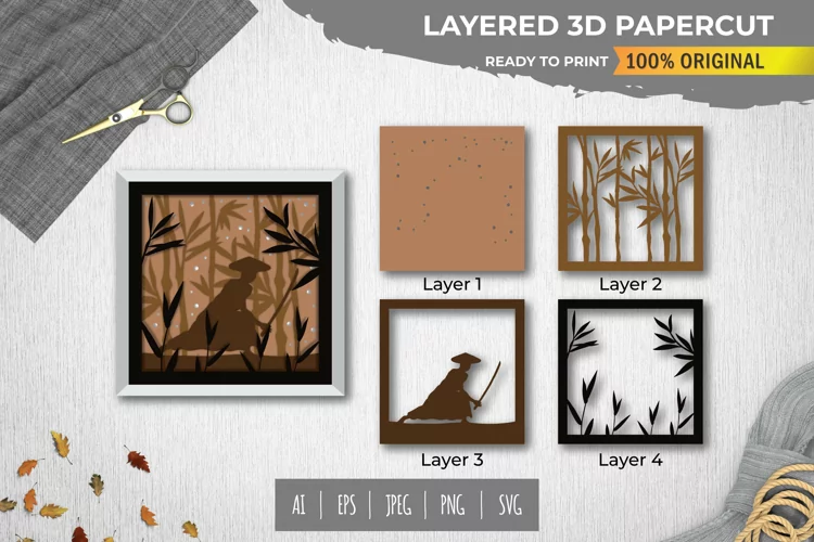 3D Papercut Samurai Layered Template