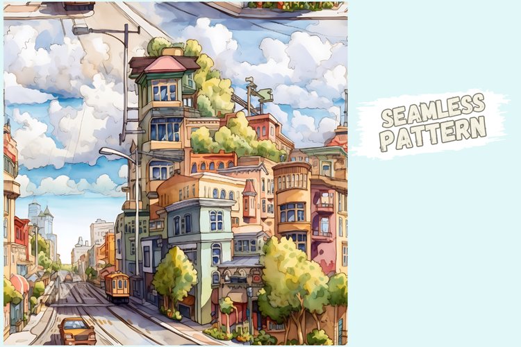 San Francisco Watercolor Seamless Digital Pattern