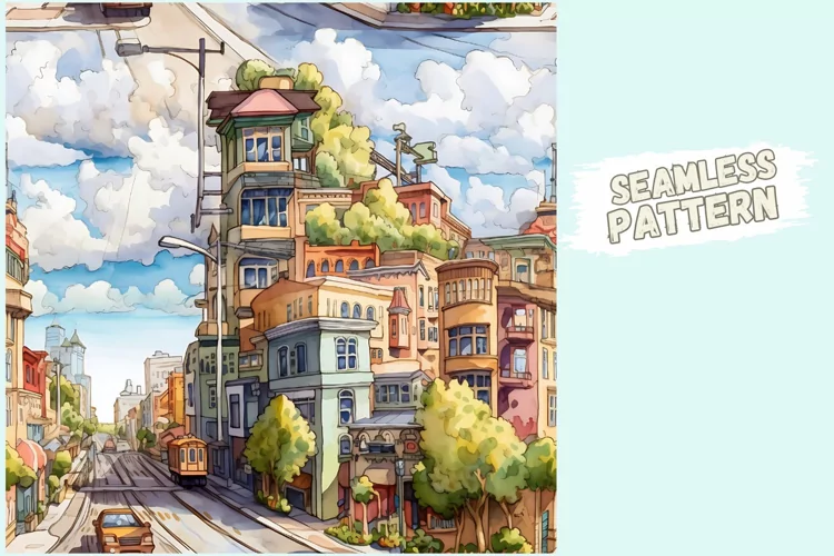San Francisco Watercolor Seamless Digital Pattern 2