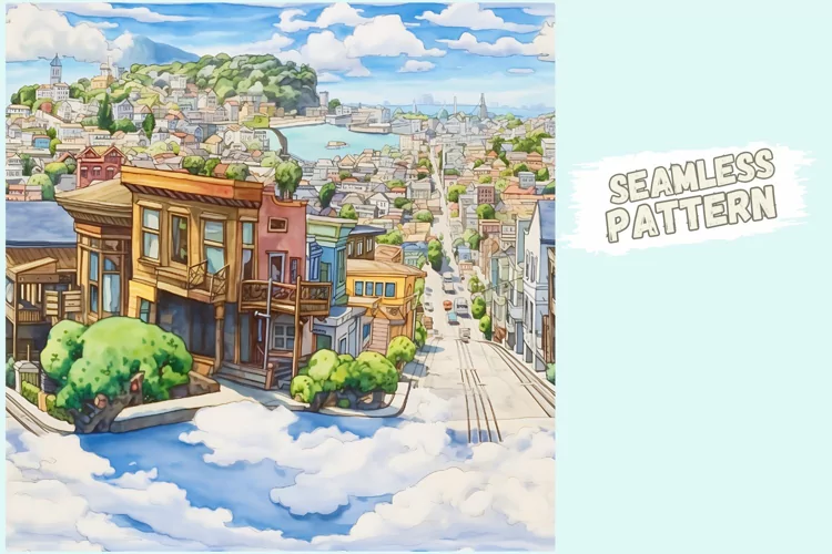 San Francisco Watercolor Seamless Digital Pattern