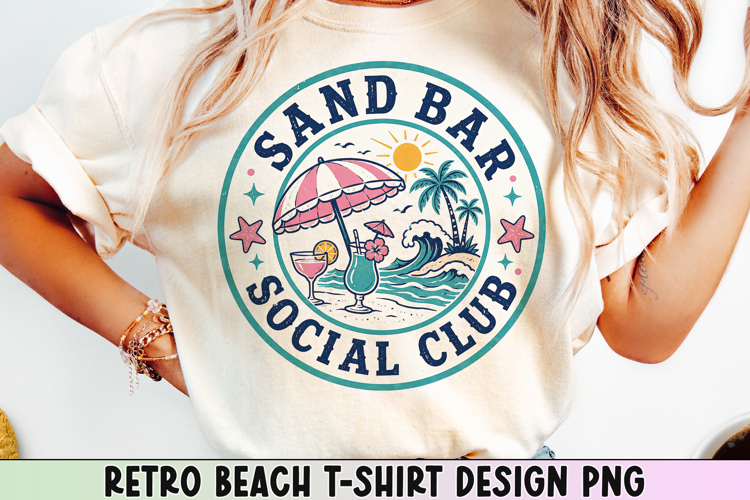 Retro Beach T Shirt Design, Distressed Coastal Sublimation.