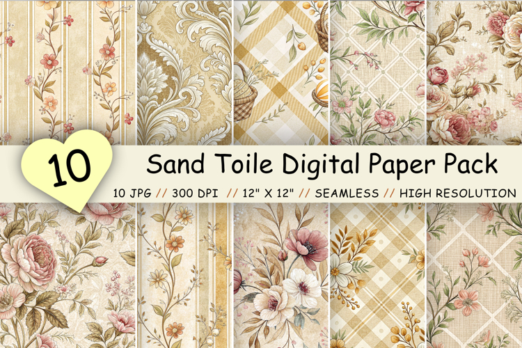 Sand Toile Digital Paper Pack, Vintage Floral Toile, Gingham